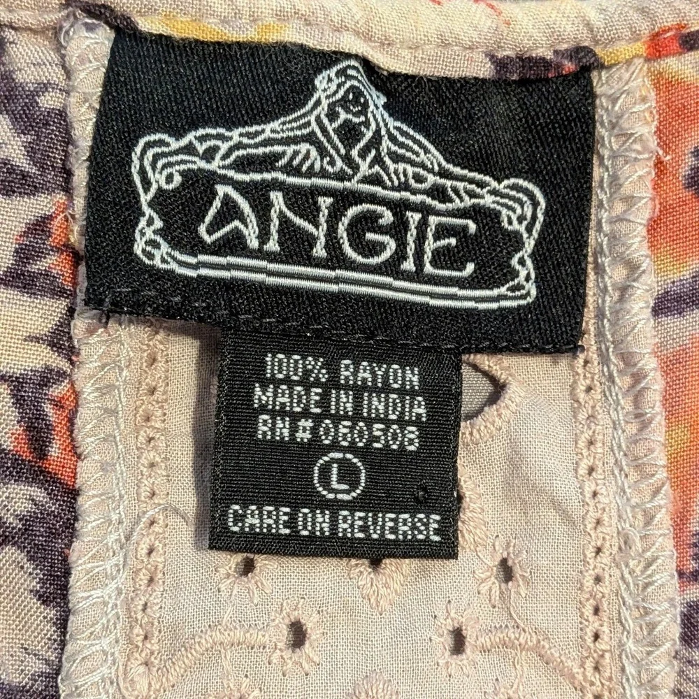 Angie Womens Boho Ikat Floral Button Front Lace Trim Sleeveless‎ Rayon Top Large